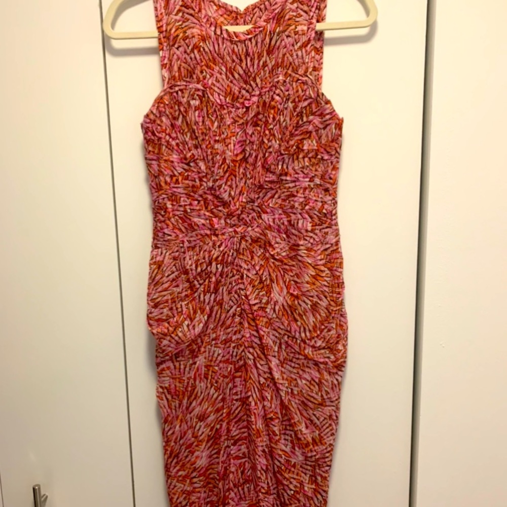 BCBG Maxazria Pink Feather-print midi dress, Size 0